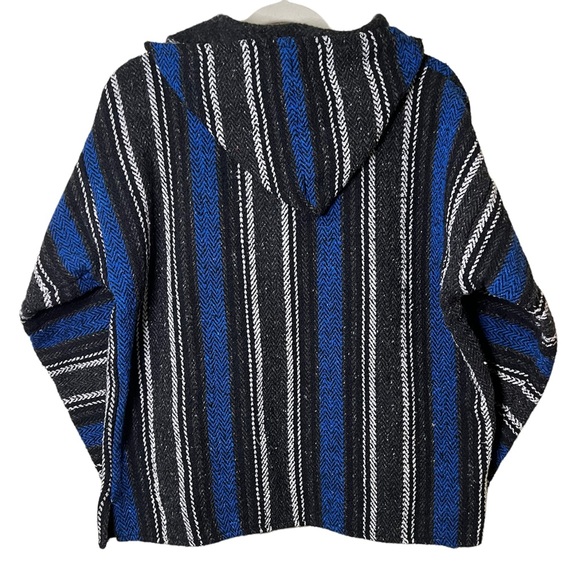 70s BAJA UNISEX Blue and Black Hippie Boho Gypsy Woven Rug Hoodie Jacket - Picture 5 of 7